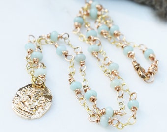 Ganesh Golden Bronze Necklace. Beaded Gemstone Chain. Pale Aqua Blue Amazonite Stones. Cindy's Art and Soul Jewelry.