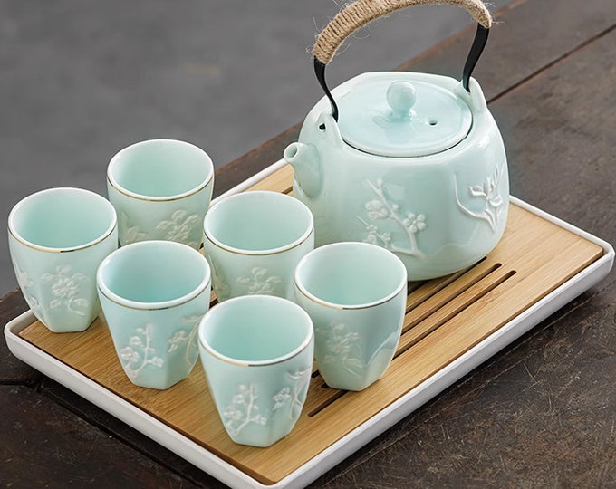 Ceramic teapot | Ceramic tea set | Embossed Meilan tea set | Teapot with filter | Kung Fu tea set | Tea party tea set | Afternoon tea set