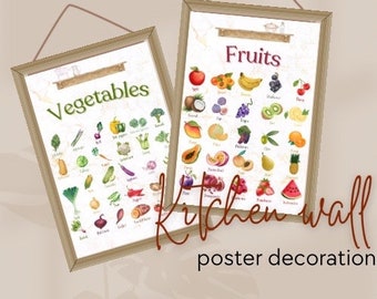 Afiche de frutas y verduras, promoción de alimentos saludables, comer el arco iris, decoración de aulas, arte escolar en casa