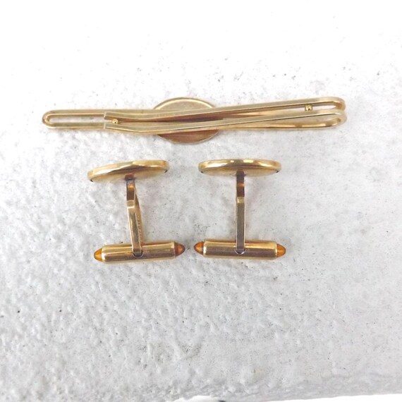 KREMENTZ Cuff Links and Tie Bar Set - Amber Glass… - image 2