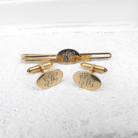 KREMENTZ Cuff Links and Tie Bar Set - Amber Glass… - image 1