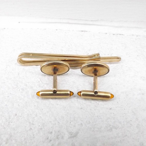 KREMENTZ Cuff Links and Tie Bar Set - Amber Glass… - image 3