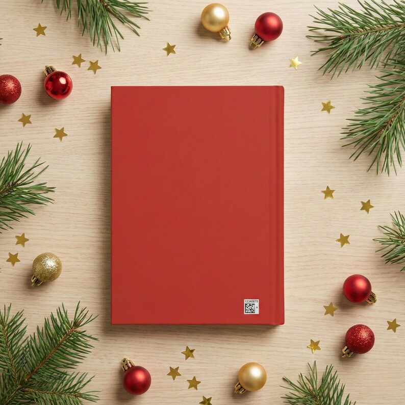 May include: A red journal with a blank cover, surrounded by Christmas ornaments, pine branches, and gold star-shaped confetti. The journal is rectangular and has a smooth surface. The scene is festive and holiday-themed.