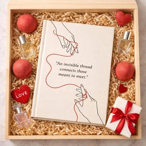 May include: A wooden box filled with decorative items. It contains a book with the text "An invisible thread connects those meant to meet," red heart-shaped items, small perfume bottles, and a small gift box tied with a red ribbon.