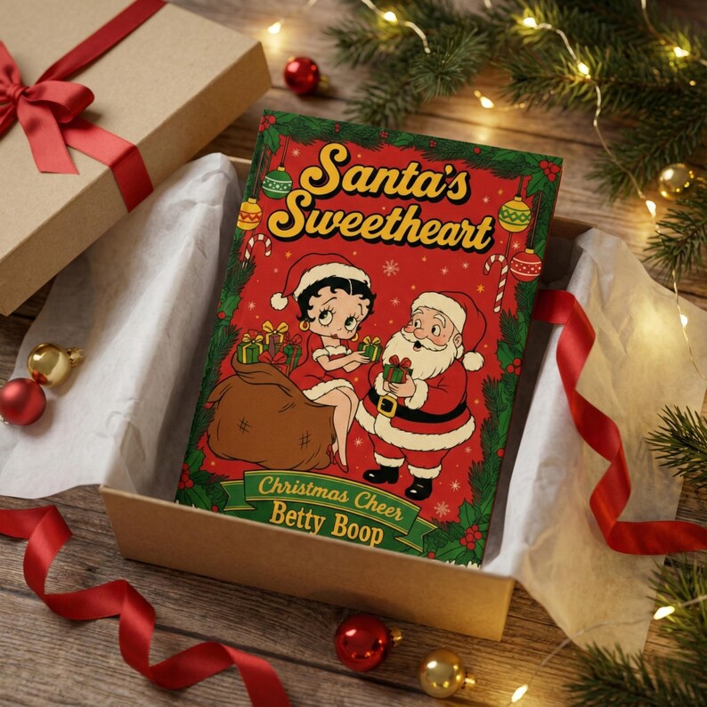 May include: A Christmas-themed book titled "Santa's Sweetheart" featuring Betty Boop and Santa Claus, presented in a gift box with a red ribbon. The book cover is red with green accents and festive illustrations.