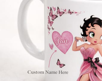 Personalized Betty Boop Mug, Custom Name Cup, Pink Butterfly Heart Gift,  Cartoon Coffee Ceramic