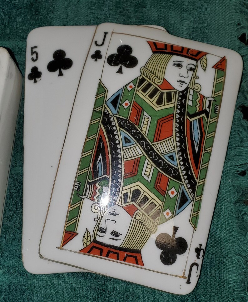 Vintage Porcelain Playing Cards Coaster Ashtray Set in Matching