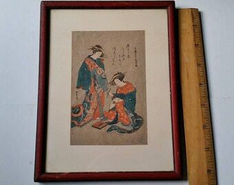 Japanese Geisha Painting Woodblock print Framed  1800s