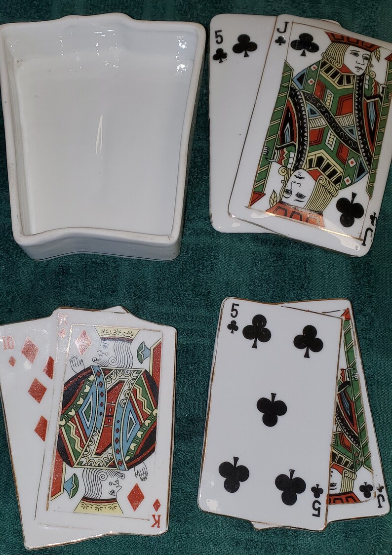 Vintage Porcelain Playing Cards Coaster Ashtray Set in Matching