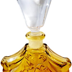 Vintage Art Glass Yellow Floral Bottle with large Triangular Crystal Stopper