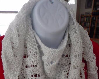 Sparkly, Hand Knit, Triangle Scarf, Lacy Light White