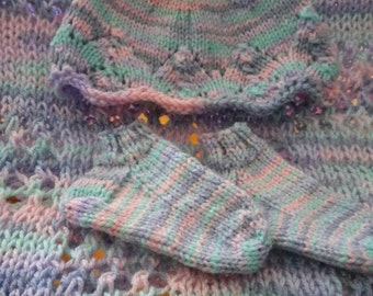 Pink, Blue, Mint Green and Lilac Knitted Baby Blanket, Hat and Booties