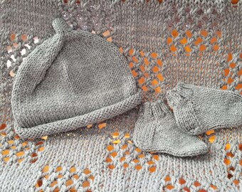 Gray Hand Knitted Blanket, Hat and Booties, Baby Gift