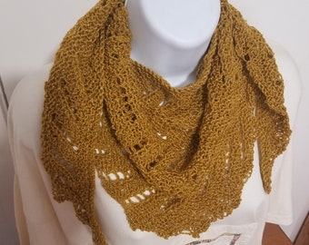 Lacy Triangle Scarf, Sparkly, Hand Knit, Golden