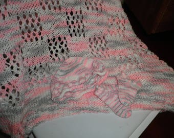 Pink,Gray and White Knitted Baby Blanket, Hat and Booties