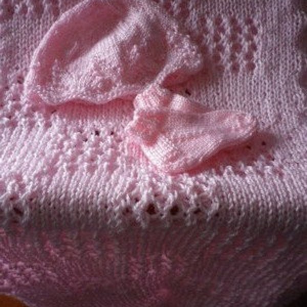 Soft Pink Knitted Blanket, Hat and Booties Set