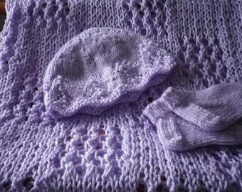 Soft Lilac Knitted Blanket, Hat and Booties Free Shipping
