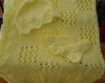 Bright Yellow Hand Knitted Blanket, Hat and Booties, Baby Gift