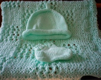 Mint Green Knitted Blanket, Hat and Booties Set