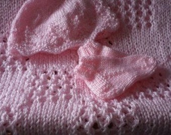 Light Pink Knitted Blanket, Hat and Booties