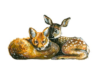 Fox + Fawn - Print of an original gouache and watercolor painting