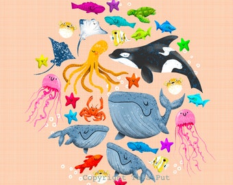 Cheerful Ocean Creatures - art print of some sweet lil ocean pals