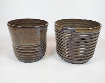 Small succulent pot pair in brown blue stoneware pottery