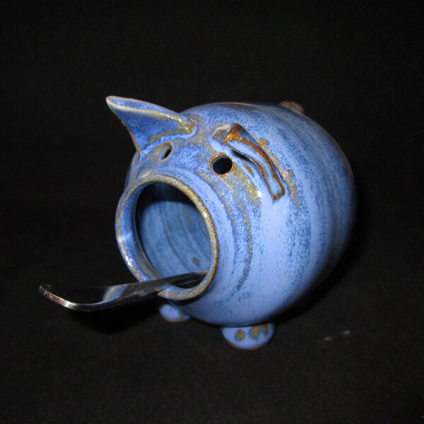 salt pig in blue with spoon