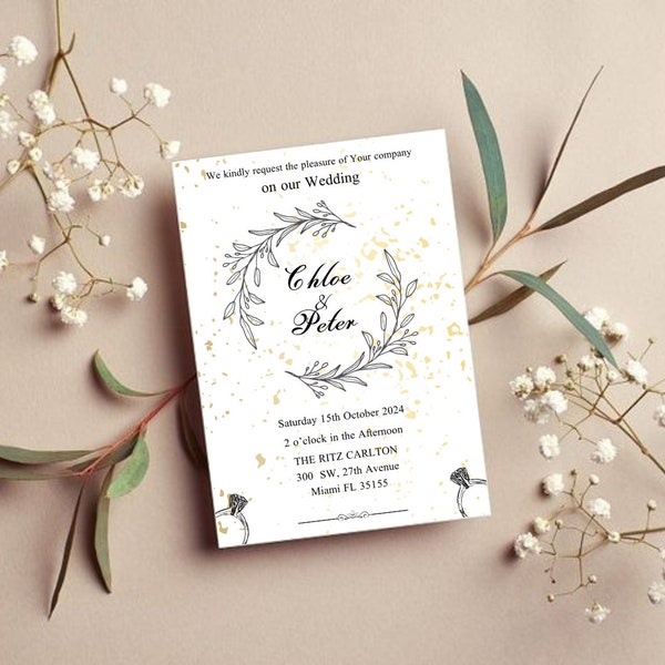 Gold Wedding Invitation, Printable, Editable in Canva, Templet