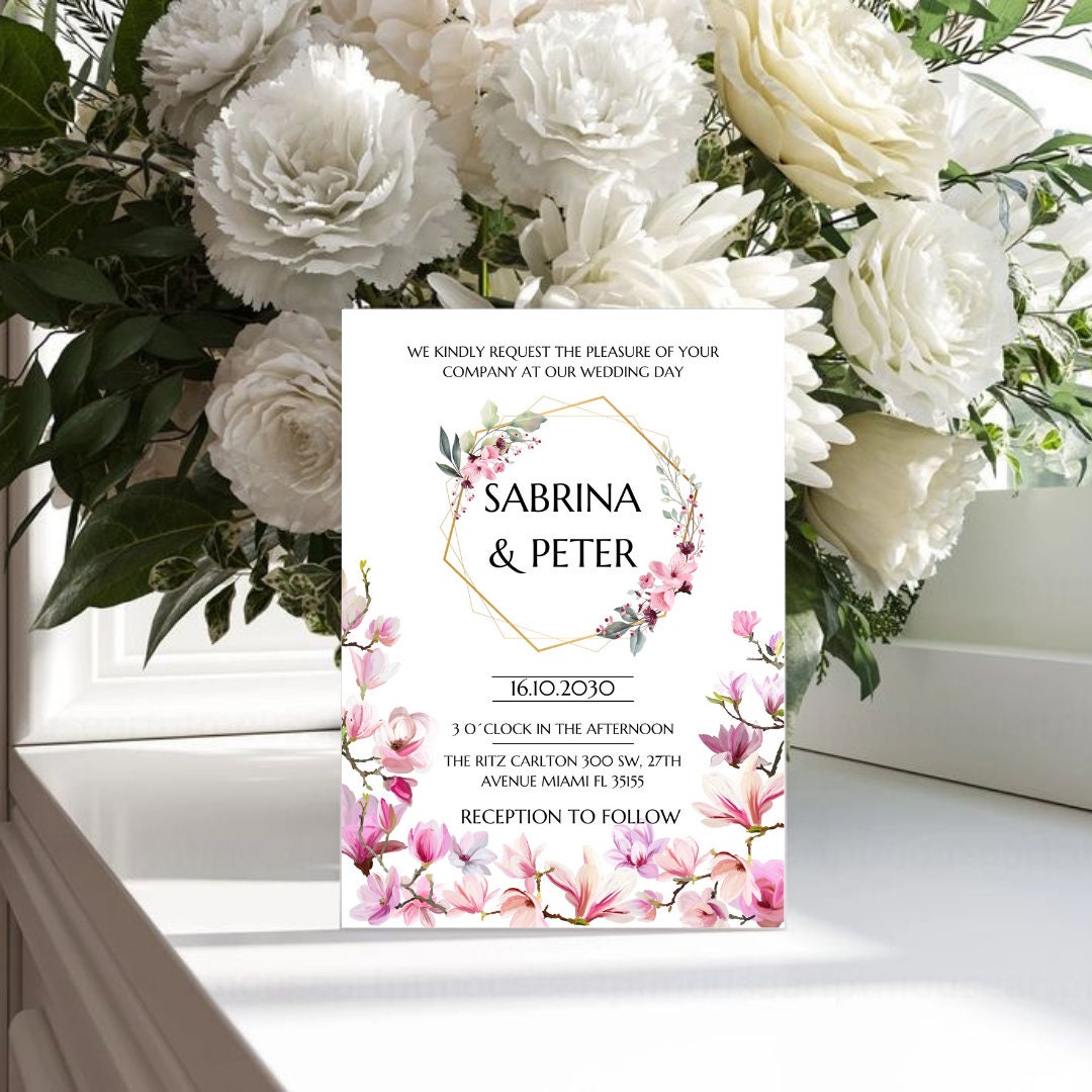 White Pink Flowers Floral Wedding Invitation Template, RSVP and Wedding ...