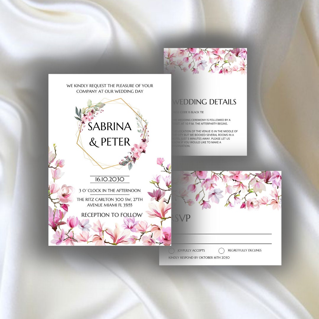 White Pink Flowers Floral Wedding Invitation Template, RSVP and Wedding ...