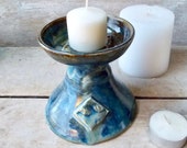 Candle Holder, UU Chalice, Personal, Table top, RE, Pedestal, Handmade Pottery Stoneware Vessel, blue brown flowing, Ritual, Ready to Ship