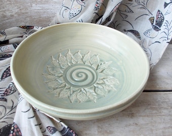 Sun Bowl, DISCOUNTED Second, Pale Green Leaves, Spiral, Decorated Serving Bowl, Dish Leaf Impression, Carved Thrown Porcelain, Ready to Ship