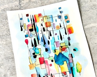 Abstract Landscape, Dripping Colorful Watercolor Painting, Not A Print, Hand Painted Original, Ink and Wash Illustration,  Ready to ship
