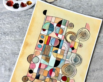 Abstract Watercolor Painting, Squares and Spirals, Not A Print, Hand Painted Original, Ink Wash Illustration, Ready to ship