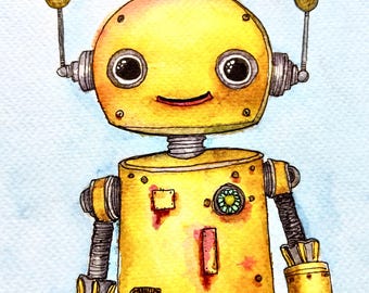 Originele aquarel robotschildering: verroeste inktillustratie, kinderkamerdecoratie