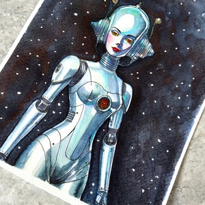 Pittura ad acquerello Android Android, non una stampa, futurismo retrò, arte pulp, originale dipinto a mano, illustrazione con inchiostro e lavaggio, pronto per la spedizione