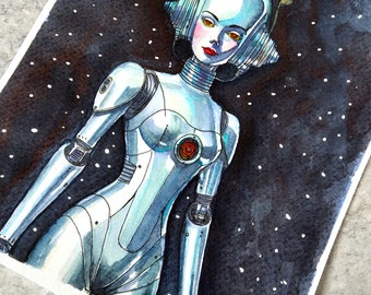 Silver Android Watercolor Painting: Retro Futurism Pulp Art