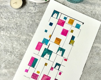 Cat and Mouse Grid, Not A Print, Hand Painted Original, Ink and Wash Illustration, Ready to ship