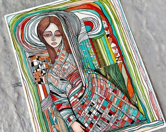 Original Watercolor Painting: "Acedia" Ink Wash Illustration