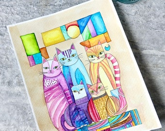 Bright Cats, Watercolor Painting, Not A Print, Hand Painted Original, Ink and Wash Illustration,  Ready to ship