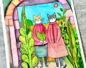 Originele aquarel: katten in de tuin, inktillustratie
