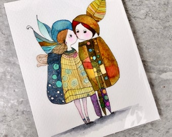 Originele aquarel: kinderen in kostuum, grillige kunst (5,5 x 7 in)