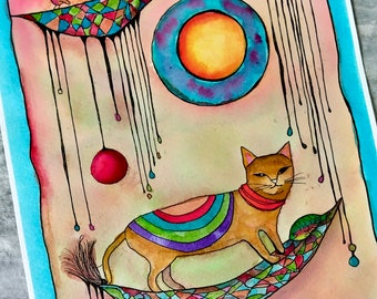 Originele aquarel: kat op vliegend tapijt, inktillustratie