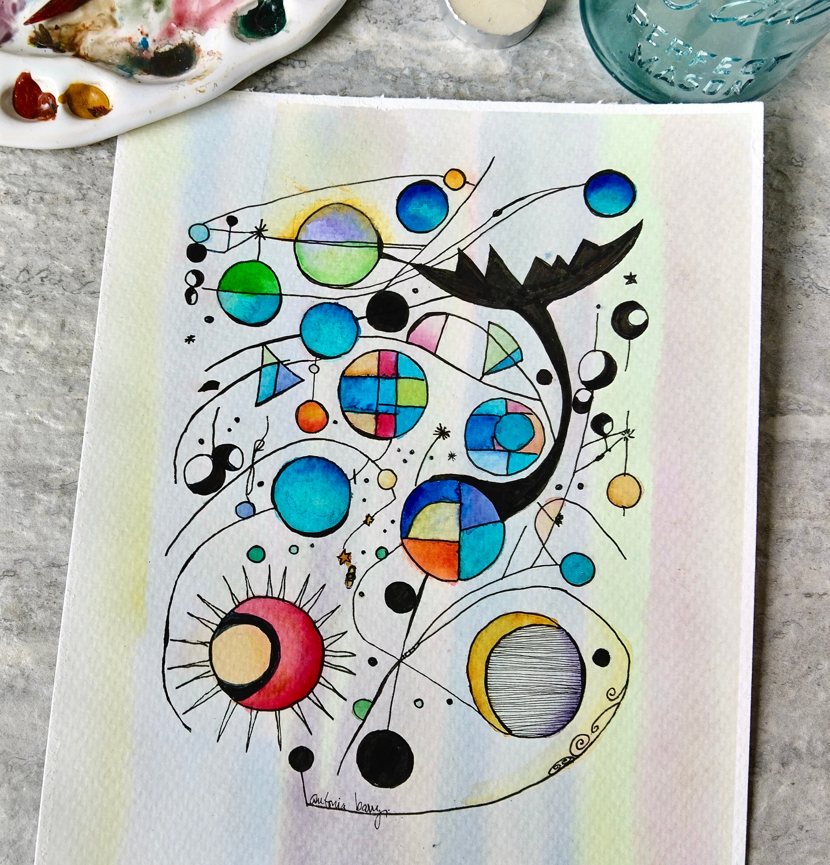 オリジナル日食水彩画：抽象的な水墨風景画 - Etsy 日本