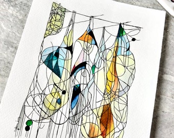 Originele abstracte landschapswaterverfschilderij: gedrapeerde lijnen inktwas