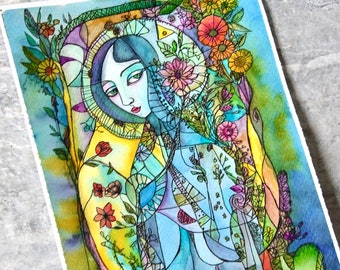 Night Garden Witch, Watercolor Painting, Not A Print, Hand Painted Original, Ink and Wash Illustration,  Ready to ship