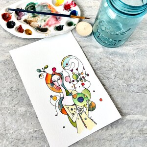 Doodle Woman Watercolor Painting, Not A Print, Hand Painted Original, Ink and Wash Illustration, Ready to ship image 5