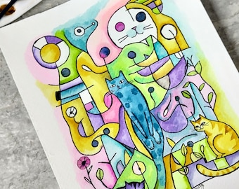 Abstract Cat Line and Watercolor Painting, Not A Print, Hand Painted Original, Ink and Wash Illustration, Intricate, Ready to ship