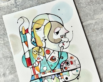 Abstract Portrait, Face  Mask, Colorful Watercolor Painting, Not A Print, Hand Painted Original, Ink and Wash Illustration,  Ready to ship